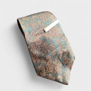Vintage Oscar de la Renta Couture Silk Tie Paisley 100% Silk with Tie Bar